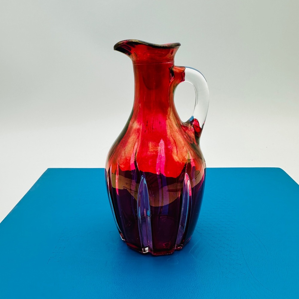 Vintage Ruby Red & Clear Bottle Paneled Glass Pitcher Ewer w Clear Handle 5.5"